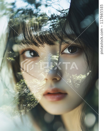 一個超可愛的日本女人的臉的特寫,透過玻璃的樹影 一個超可愛的日本女人的臉的特寫,透過玻璃的樹影 117665585