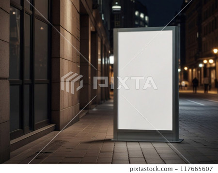 Blank white vertical advertising banner billboard stand on the sidewalk at night. 117665607