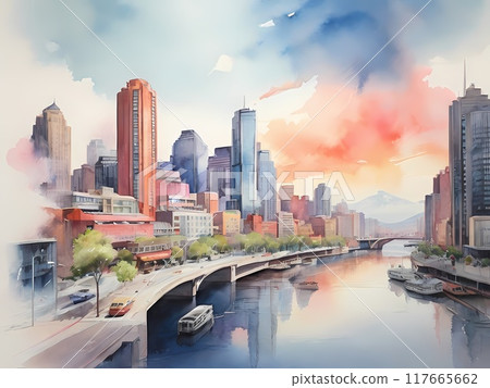 A serene watercolor illustration of a picturesque cityscape.	 117665662