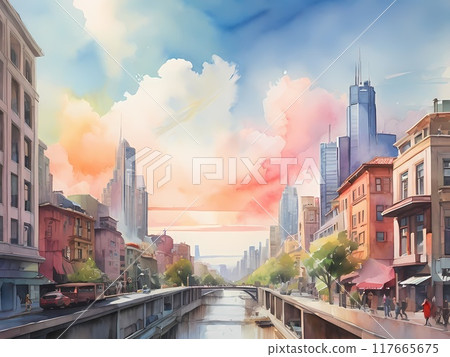 A serene watercolor illustration of a picturesque cityscape.	 117665675