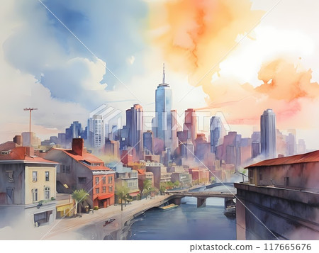 A serene watercolor illustration of a picturesque cityscape.	 117665676