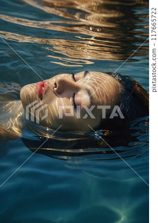A captivating close-up portrait of a woman's face, half submerged in water.	 117665722