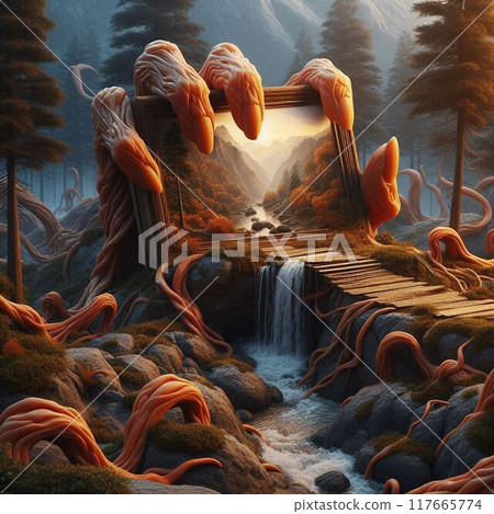 藍色森林中的一棵大樹下 117665774