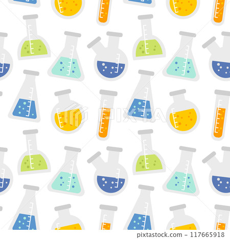 Seamless pattern with cartoon chemical flasks different shapes with colored liquid in flat style. Isolated on white. Vector illustration 117665918