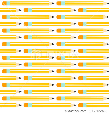 Seamless pattern with cartoon yellow pencil in flat style. School background isolated on white. Vector illustration Seamless pattern with cartoon yellow pencil in flat style. School background isolated on white. Vector illustration 117665922