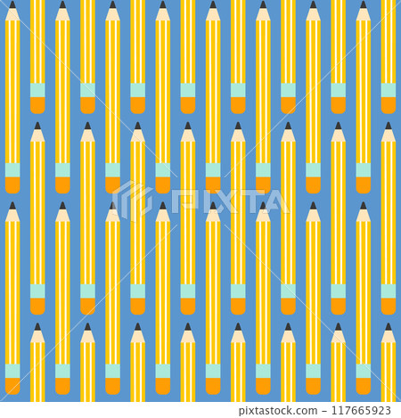 Seamless school pattern with cartoon yellow pencil on blue background in flat style. Vector illustration 117665923