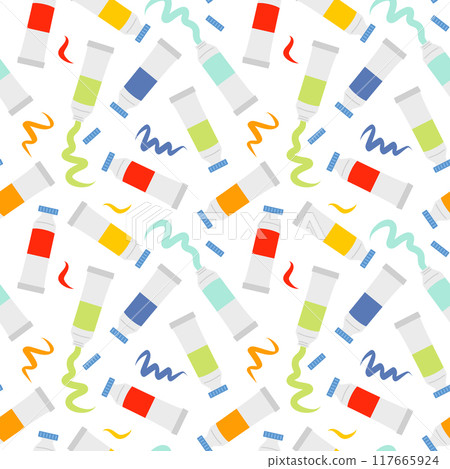 Seamless pattern with cartoon paint tubes in flat style. Drawing tools isolated on white background. Vector illustration Seamless pattern with cartoon paint tubes in flat style. Drawing tools isolated on white background. Vector illustration 117665924