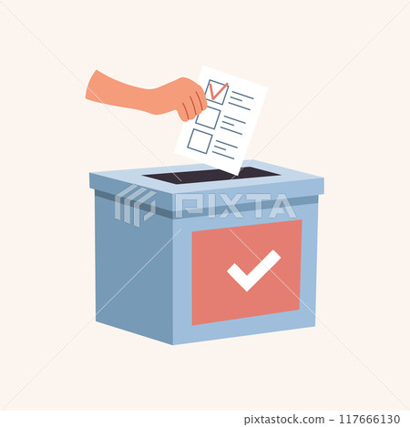 Hand putting a vote ballot in the election box. Voting and elections concept. Illustration in flat style 117666130