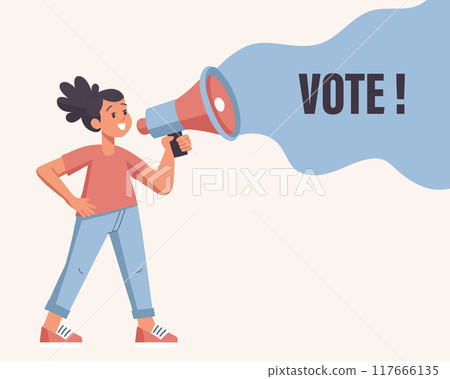 Speaker with megaphone, loudspeaker in hand. Voting and elections concept. Illustration in flat style 117666135