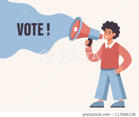 Speaker with megaphone, loudspeaker in hand. Voting and elections concept. Illustration in flat style Speaker with megaphone, loudspeaker in hand. Voting and elections concept. Illustration in flat style 117666136