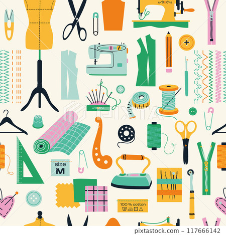 Seamless pattern of sewing tools icons tailor hand made workshop 117666142
