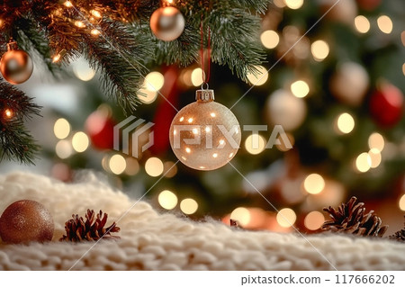 Christmas decoration at home. Xmas and New Year celebration for party on holiday. Christmas decoration at home. Xmas and New Year celebration for party on holiday. 117666202