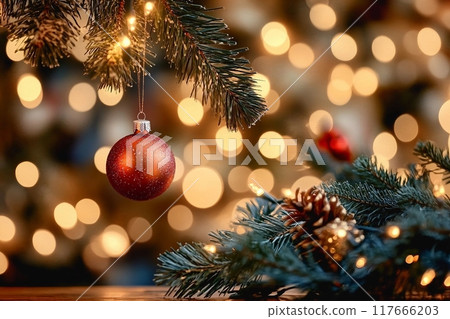 Christmas decoration at home. Xmas and New Year celebration for party on holiday. 117666203