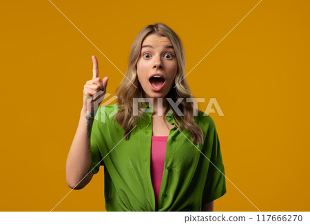 Breakthrough creative idea, 30s aged woman have eureka moment,pointing finger up Breakthrough creative idea, 30s aged woman have eureka moment,pointing finger up 117666270