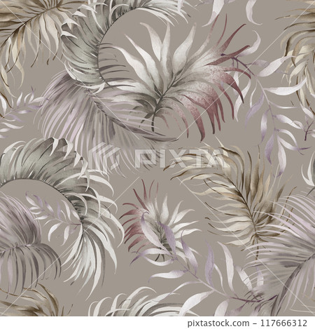 Dry Palm Leaves Pattern. Seamless background with tropical fronds in Boho style. Hand drawn watercolor coconut treeon beige backdrop for wallpaper or textile design. Ornament for print. 117666312