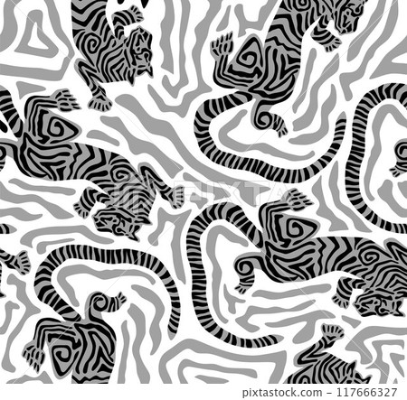 Tiger Art Seamless Pattern On grey background Wallpaper illustration Vector, Safari Wildlife, Tiger Seamless Pattern, Tiger Print, Animal Print Tiger Art Seamless Pattern On grey background Wallpaper illustration Vector, Safari Wildlife, Tiger Seamless Pattern, Tiger Print, Animal Print 117666327