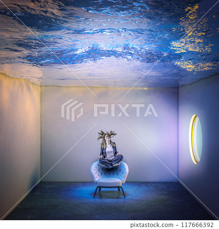 Young woman levitating in room with water ceiling 117666392