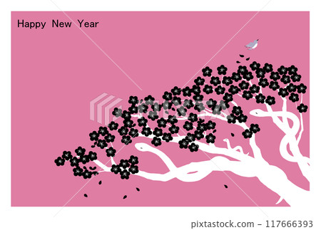 梅花和蛇的父母和孩子的新年賀卡_背景粉紅色 117666393