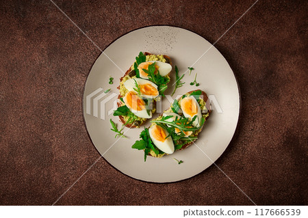 sandwich with mashed avocado, boiled egg, and arugula, on bread , homemade, breakfast, sandwich with mashed avocado, boiled egg, and arugula, on bread , homemade, breakfast, 117666539