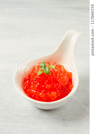 Red caviar, imitation, on a light background, close-up, no people, 117666559