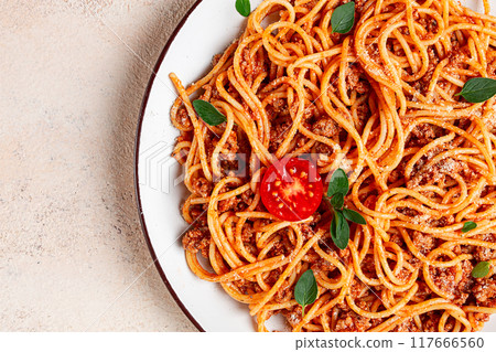 Spaghetti Bolognese, top view, close-up, no people, homemade, 117666560