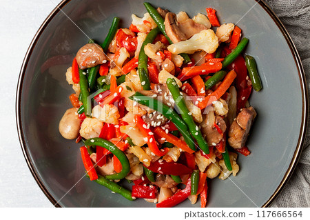 Wok, Asian-style vegetables, street food, mixed vegetables, no people, top view, 117666564