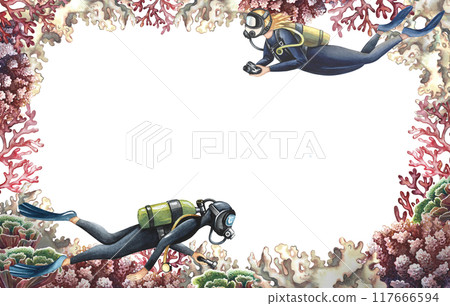 Coral frame with divers. The underwater world. A hand-drawn watercolor illustration. Aquarium, tropics, reefs. The concept of a label, business card and banner, postcard and flyer, brochure template. Coral frame with divers. The underwater world. A hand-drawn watercolor illustration. Aquarium, tropics, reefs. The concept of a label, business card and banner, postcard and flyer, brochure template. 117666594