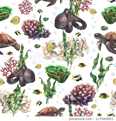 Seamless drawing depicting underwater life, corals, fish, turtles and octopuses. A hand-drawn watercolor illustration. Underwater travel. For textiles, wrapping paper, wallpaper and printing. Seamless drawing depicting underwater life, corals, fish, turtles and octopuses. A hand-drawn watercolor illustration. Underwater travel. For textiles, wrapping paper, wallpaper and printing. 117666601