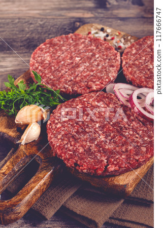 raw cutlets, for burgers, minced meat, handmade, homemade, with spices , top view, no people, 117666747