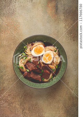 Asian noodles in broth, with beef and egg, top view, close-up, no people, Asian noodles in broth, with beef and egg, top view, close-up, no people, 117666780