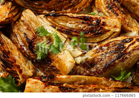 baked, oven-baked fennel, with spices, in olive oil, homemade, no people, baked, oven-baked fennel, with spices, in olive oil, homemade, no people, 117666865