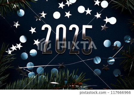 New Year 2025 blue background. Number of the coming year in Christmas decoration. 117666966