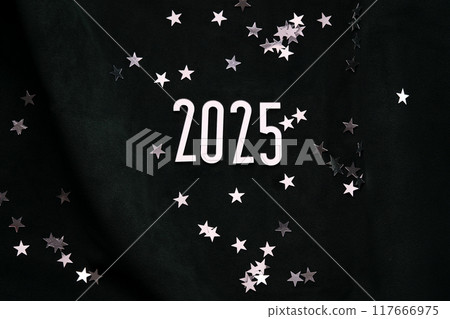 New Year 2025 dark background. Number of the coming year in Christmas decoration. 117666975