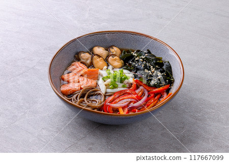 Japanese soup with seafood and soba noodles 117667099