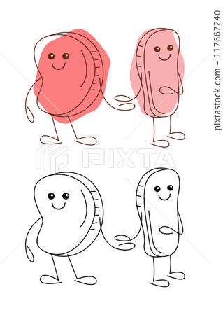 Cute beef and pork fillet characters holding hands. Vector hand drawn illustration. 117667240