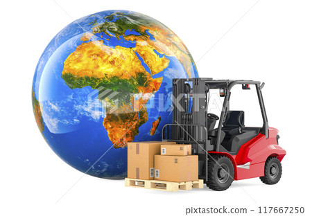 Forklift truck with parcels and Earth Globe. Global shipping and worldwide delivery, concept. 3D rendering 117667250