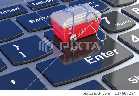 First aid kit with stethoscope on laptop keyboard, 3D rendering First aid kit with stethoscope on laptop keyboard, 3D rendering 117667254