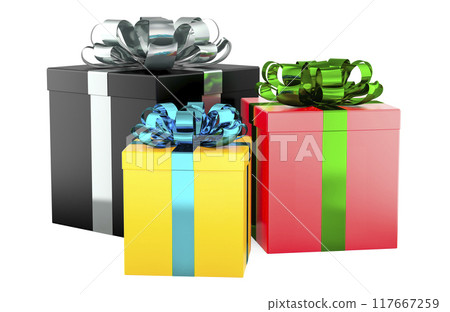 Colored Gift Boxes with bows and ribbons, 3D rendering 117667259