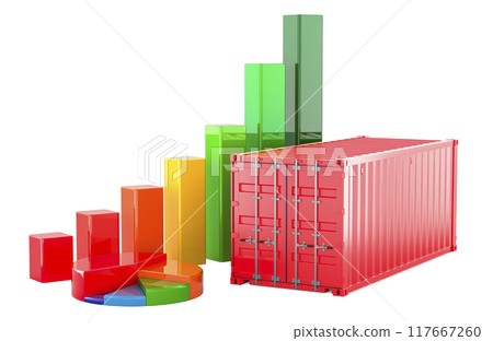 Cargo Container with growth bar graph and pie chart. 3D rendering 117667260