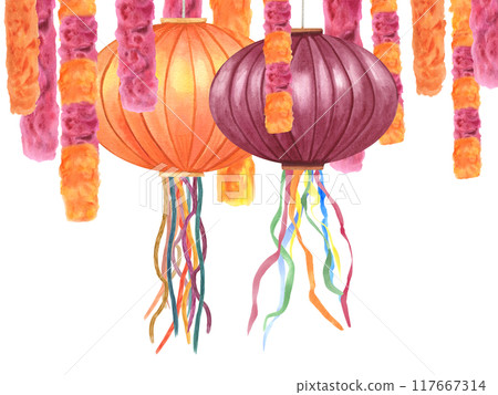 Orange and red paper Lanterns and Festive Decorations horizontal frame. Hanging holiday traditional Diwali garlands watercolor illustration. For creating celebration inviting atmosphere 117667314
