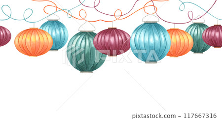 Colored paper lamps on Intertwining ribbons watercolor seamless banner. Flying hanging Chinese lanterns illustration for Festival of lights, festive designs and celebrations, textile Colored paper lamps on Intertwining ribbons watercolor seamless banner. Flying hanging Chinese lanterns illustration for Festival of lights, festive designs and celebrations, textile 117667316
