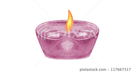Pink Oil Diwali Diya Lamp with burning flame watercolor abstract illustration. Holiday burning candle lamp for festivals and religious celebrations. Happy Deepawali festival greeting cards. 117667317