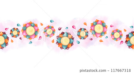 Traditional holiday Diwali Diya watercolor seamless banner. Burning candles in shape of Water lily flower illustration on hand drawn painting pink splashes. Festival of lights. For greeting decor Traditional holiday Diwali Diya watercolor seamless banner. Burning candles in shape of Water lily flower illustration on hand drawn painting pink splashes. Festival of lights. For greeting decor 117667318