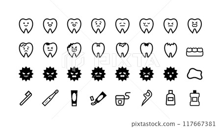 Vector icon set of teeth with faces and tooth decay bacteria Vector icon set of teeth with faces and tooth decay bacteria 117667381