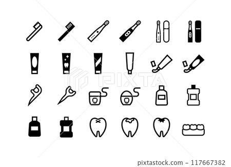 Vector icon set of dental care products such as toothbrushes and floss 117667382