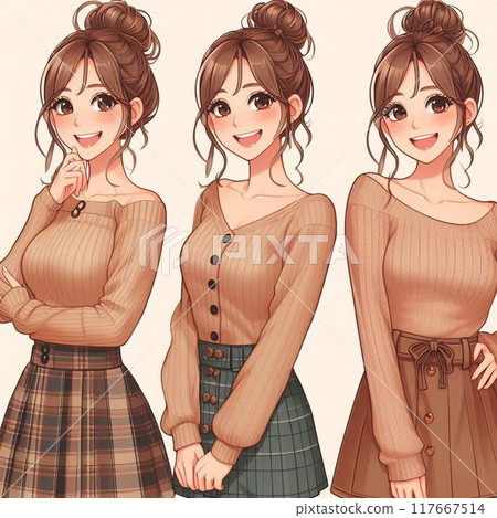Three illustrations of women wearing autumn clothes 117667514