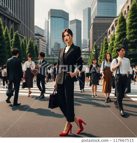 A woman in the city telling her acquaintance to hurry up 117667515