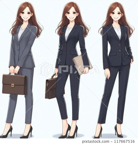 Illustration of a woman posing in a pantsuit and high heels 117667516