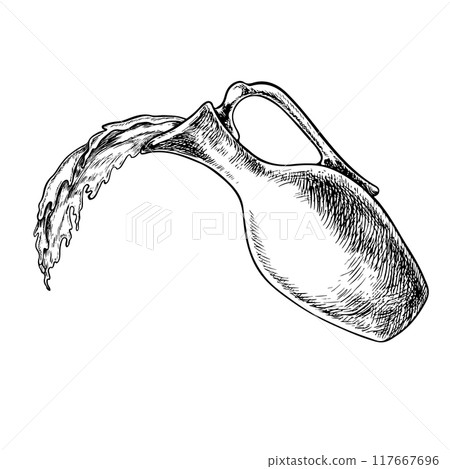 A clay jug spilling liquid. A vintage jug pours water or wine. Vector graphics, black and white hand-drawn illustrations, on a white background. For the design of packaging, labels, kitchen utensils. 117667696