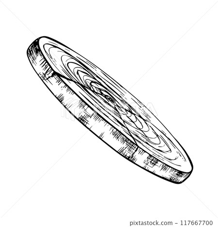 An empty cutting board with a round wooden surface for serving. Black and white graphics, vector illustration, hand-drawn and highlighted on a white background. An empty cutting board with a round wooden surface for serving. Black and white graphics, vector illustration, hand-drawn and highlighted on a white background. 117667700